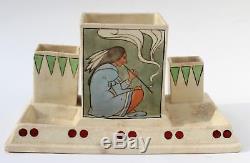 Rare Early Roseville Creamware Pottery Smoker Set with Native American Indian