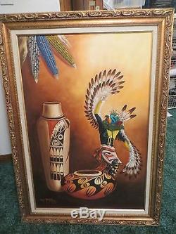 Robert Yellowhair, Navajo, oil painting, 24X36 Eagle Dancer & Pottery, 1973