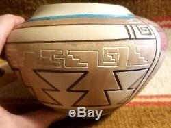 SUPER RARE TOM POLACCA HOPI NATIVE AMERICAN POTTERY INCISED SEED POT w TURQUOISE