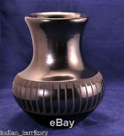 San Ildefonso Black and Gunmetal Feather Jar by Marie & Santana c. 1943-1956