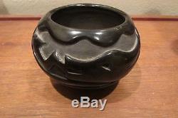 Santa Clara Native American Pottery Bowl Black Carved Vintage