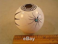 Signed J. GACHUPIN JEMEZ N. M. Native American Pottery Seed Pot Turquoise Spider