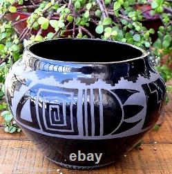 Signed Native American Black Pottery Etched Bowl Pot Vessel 6x8x5