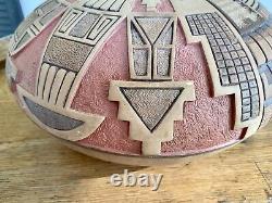 Signed Thomas Polacca Native American Hopi Polychrome Pottery with Turquoise Inlay