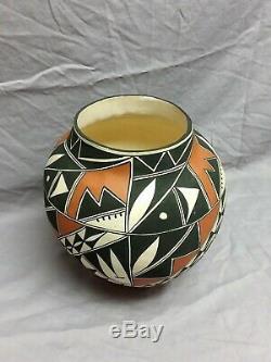 Southwest Native American Acoma Pueblo Polychrome Olla, Signed, Hand Coiled