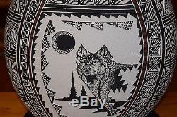 Superb Large Robin Sanchez Aragon Hand Carved Wolf Acoma Pueblo Bowl/free Ship