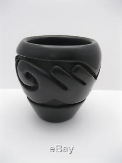 Teresita Naranjo Santa Clara Pueblo Pottery 3 5/8 Black on Black Carved Vase