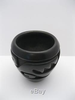 Teresita Naranjo Santa Clara Pueblo Pottery 3 5/8 Black on Black Carved Vase