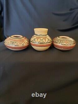 Three Native American mini pottery lot signed Enrique Pedregon Ortiz polychrome