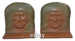 Van Briggle Pottery 1920s Native American Indian Matte Brown and Green Bookends
