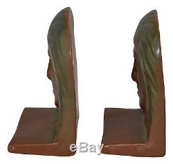Van Briggle Pottery 1920s Native American Indian Matte Brown and Green Bookends