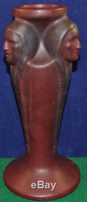 Vintage 1920s Van Briggle Three Native American Indian Head Vase, Mulberry