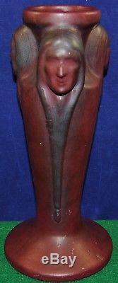 Vintage 1920s Van Briggle Three Native American Indian Head Vase, Mulberry