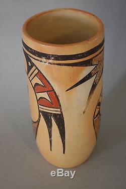 Vintage 1930s Hopi Indian Arizona Pottery Pot Cylinder Vase Bird Feather Design
