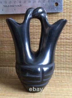 Vintage Black Pottery Wedding Vase Santa Clara Signed Jane & Starr Pueblo