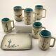 Vintage Loma Arizona Mugs Tray 6 Native American Ceramic Pottery Turquoise Cups