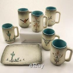 Vintage Loma Arizona Mugs Tray 6 Native American Ceramic Pottery Turquoise Cups