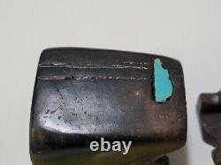 Vintage Native American Art Pottery Trinket Box With Embedded Turquoise Signed