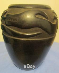 Vintage Native American Indian Santa Clara Large Black Jar / Vase Signed Tofoy