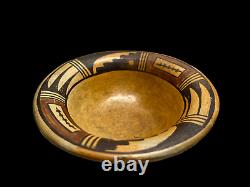 Vintage Native American Indian Yellow Ware Bowl Tribal Art Hopi Black Beige Tone