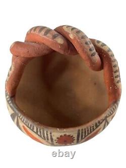 Vintage Native American Isleta Pueblo Pottery Basket With Twisted Handle