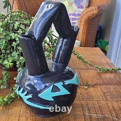 Vintage Native American Wedding Vase Black Blue Carved Pottery Artist Signed