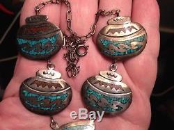 Vintage Navajo Sterling Silver Chip Inlay Turquoise Coral Link Necklace Pottery