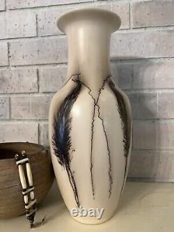 Vintage Southwest Native American Navajo Pottery Vase Horsehair & Feathers Decor