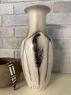 Vintage Southwest Native American Navajo Pottery Vase Horsehair & Feathers Decor