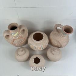 Vintage Southwestern Pottery With Native American Cheiftan Face Set Of (6)