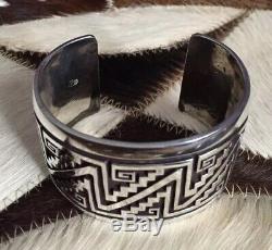Vintage Watson Honanie Hopi Sterling Pueblo Pottery Overlay Wide Cuff Bracelet