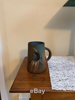 Vintage Weller Dickens Ware Pottery Native American Tame Wolf Flat Footed Mug