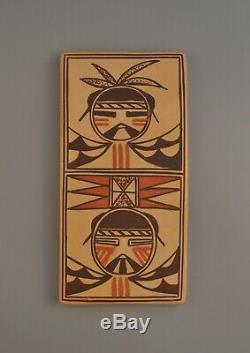Vtg Hopi Indian Pottery Tile Rectangular w. Double Kachina Jean Sahmie