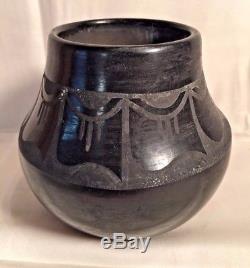 Vtg Native American Black Black Pottery Vase Bowl PETRA Gutierrez Santa Clara