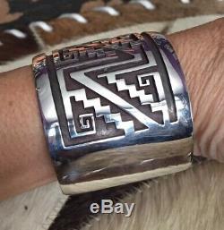 Vtg Ooak Watson Honanie Hopi Sterling Pueblo Pottery Overlay Wide Cuff Bracelet
